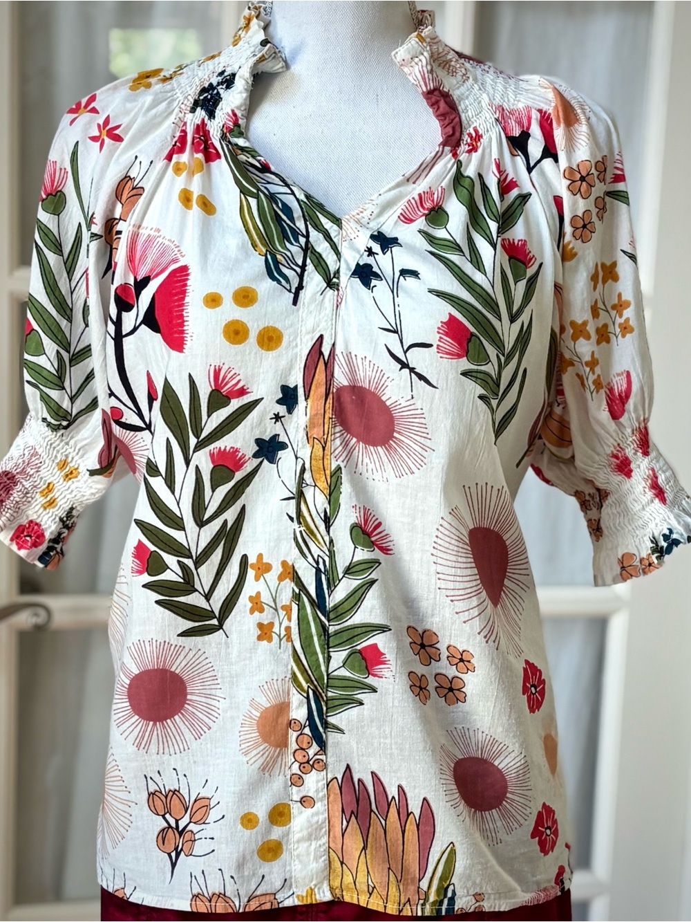 Boho Botanical Floral Cotton Peasant Top Smocked Puff Sleeve M/L